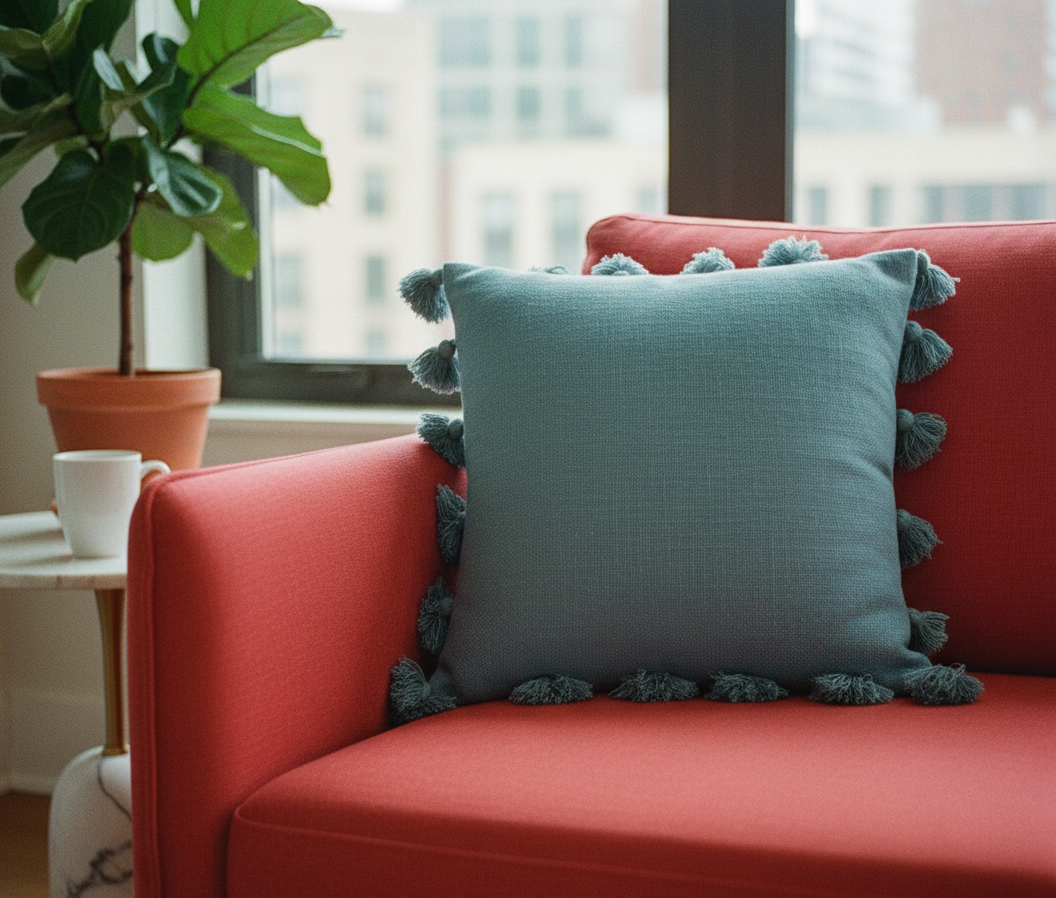Woven Cushion Cover with Tassels, Blue, 45x45cm