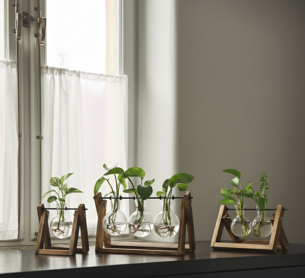 Eden Nest Wooden Stand Hanging Glass Vase Collection