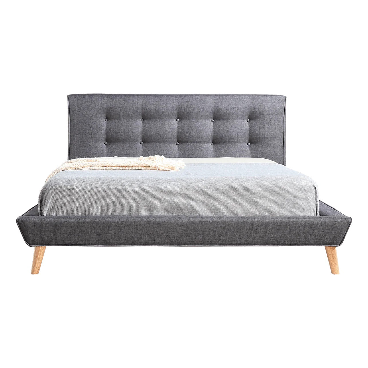 Linen Fabric Bed with Button Tufted Headboard