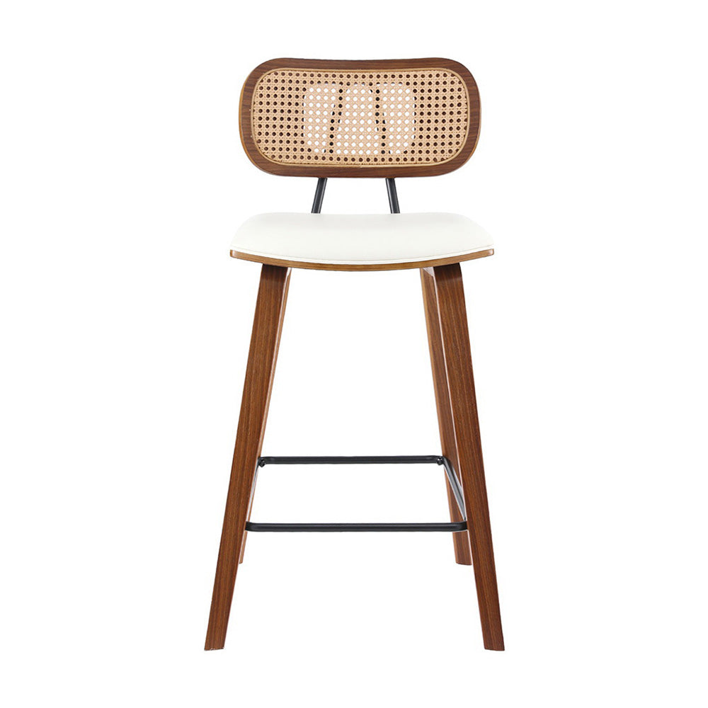 Eden Nest Rattan Back and PU Leather Bar Stool Set of 2 Beige and Walnut 64 cm Seat Height
