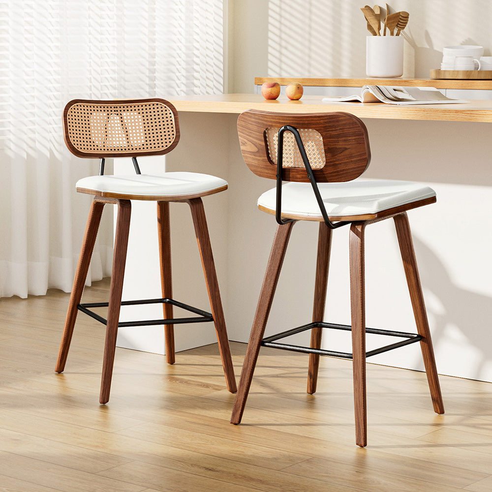 Eden Nest Rattan Back and PU Leather Bar Stool Set of 2 Beige and Walnut 64 cm Seat Height