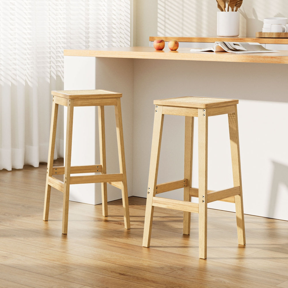Eden Nest Rubber Wood and Rattan Bar Stool Set of 2 70 cm Seat Height