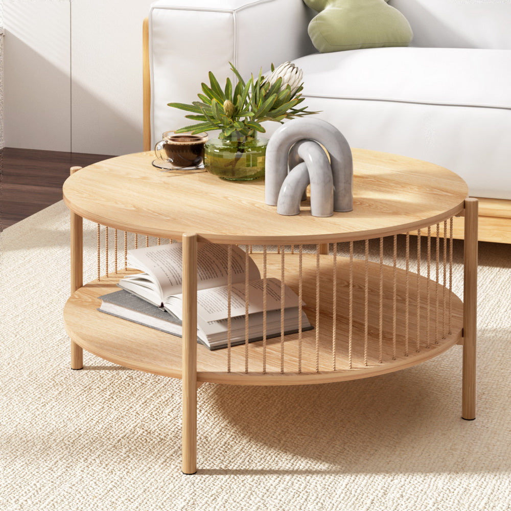 Eden Nest Round Wood Coffee Table 2 Tier With Metal Frame