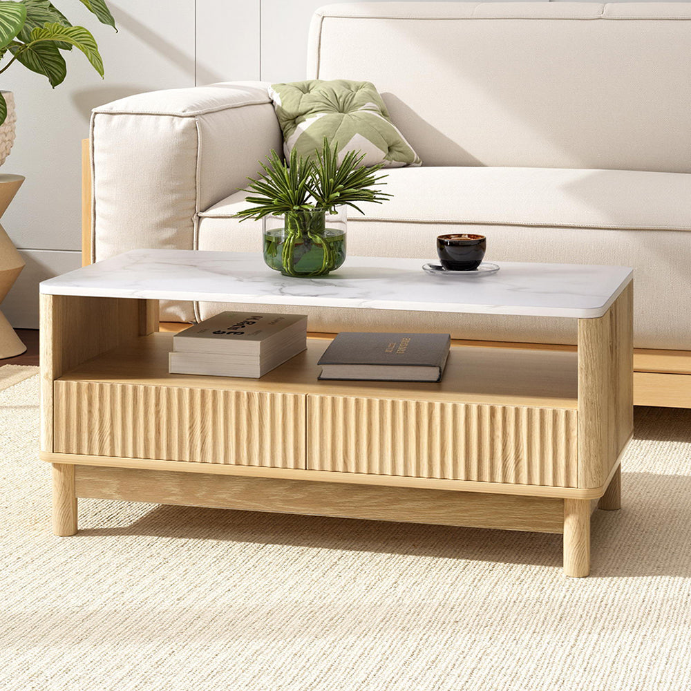 Eden Nest Coffee Table With Drawer Shelf Marble Effect Wood
