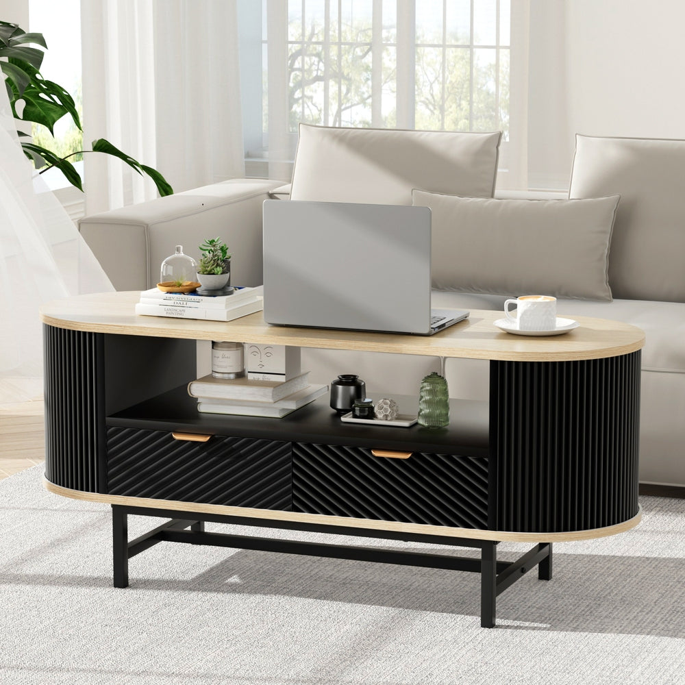 Eden Nest Coffee Table With Drawers Open Shelf Wood Black