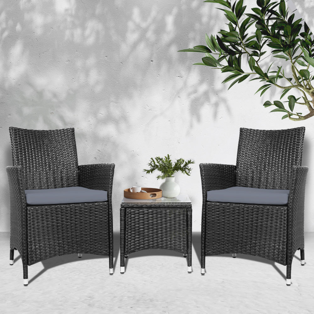 Eden Nest 3Pc Outdoor Wicker Bistro Set Chairs Table Black