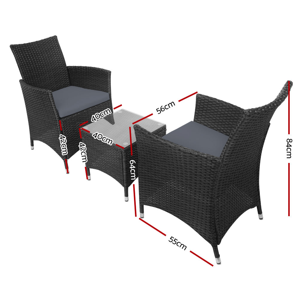 Eden Nest 3Pc Outdoor Wicker Bistro Set Chairs Table Black