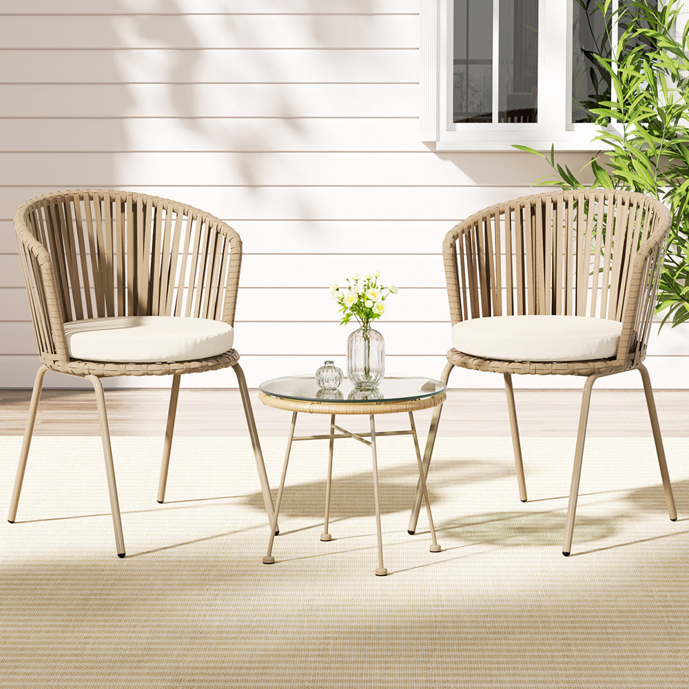Eden Nest 3 Piece Outdoor Bistro Set With Rope Chairs Beige