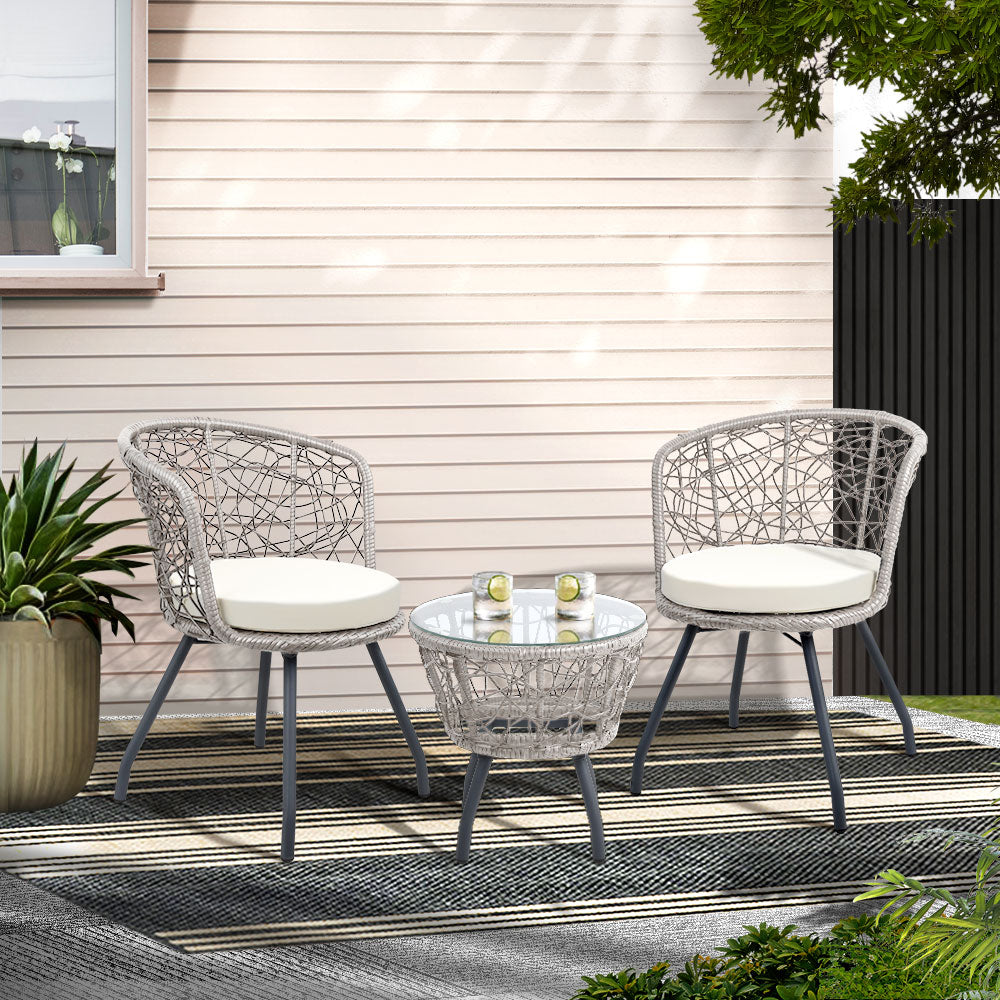 Eden Nest 3 Piece Bistro Set Rattan Table Chairs Grey