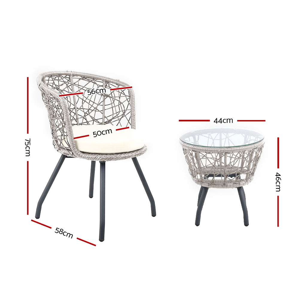 Eden Nest 3 Piece Bistro Set Rattan Table Chairs Grey