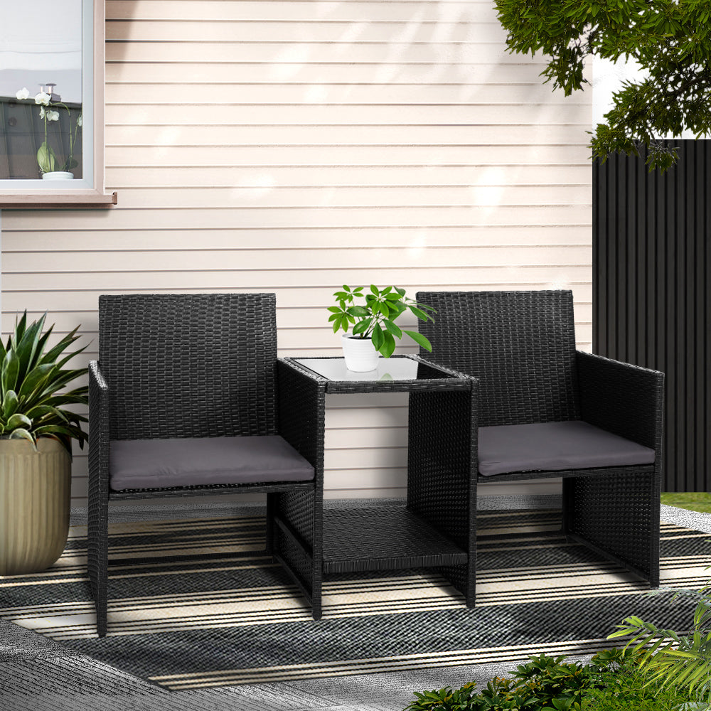 Eden Nest Outdoor Wicker Loveseat Bistro Set Black