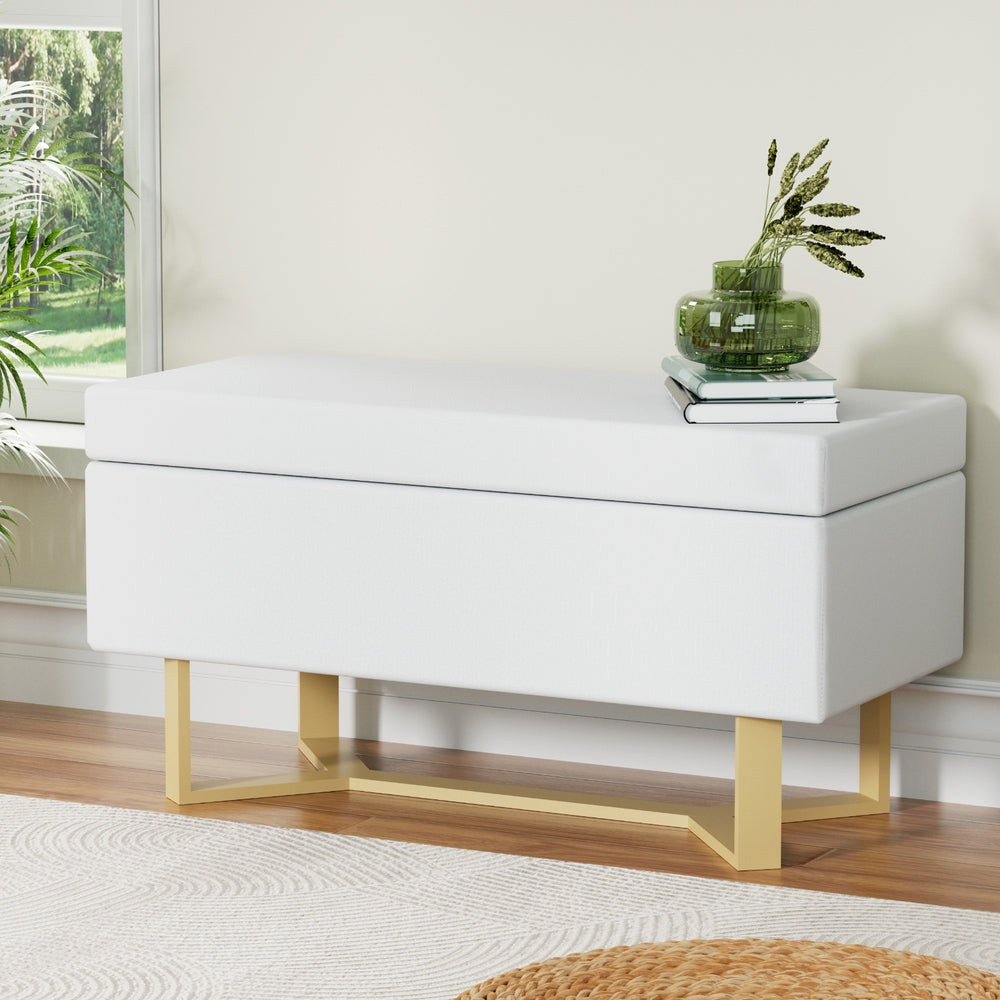 Eden Nest Linen White Criss Cross Storage Ottoman Box