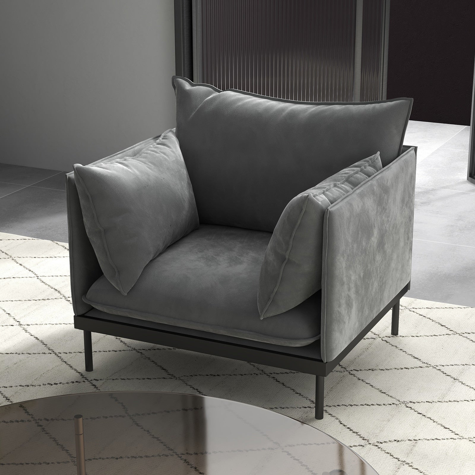 Eden Nest Camilla One-Seater Armchair – Light Grey, Suede-Velvet Finish