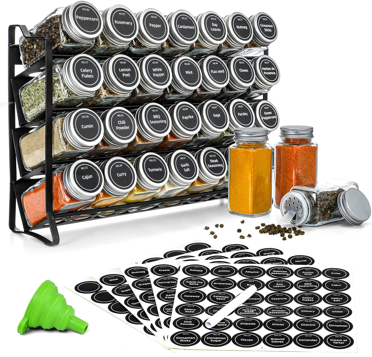 Eden Nest 4-Tier Spice Rack Organizer with 28 Glass Jars, Labels, Funnel, and Marker-Countertop & Cabinet Storage