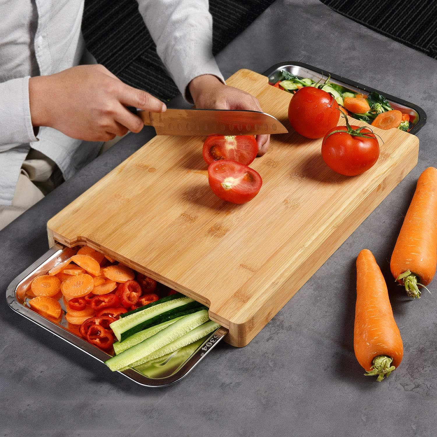 Eden Nest Bamboo Chopping Board with 2 Slide-Out Stainless Steel Trays