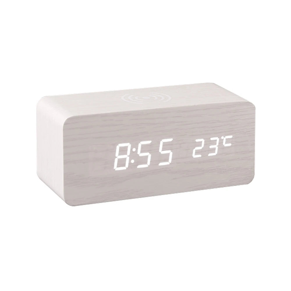 LED Wooden Desk Clock with Qi Wireless Charger
