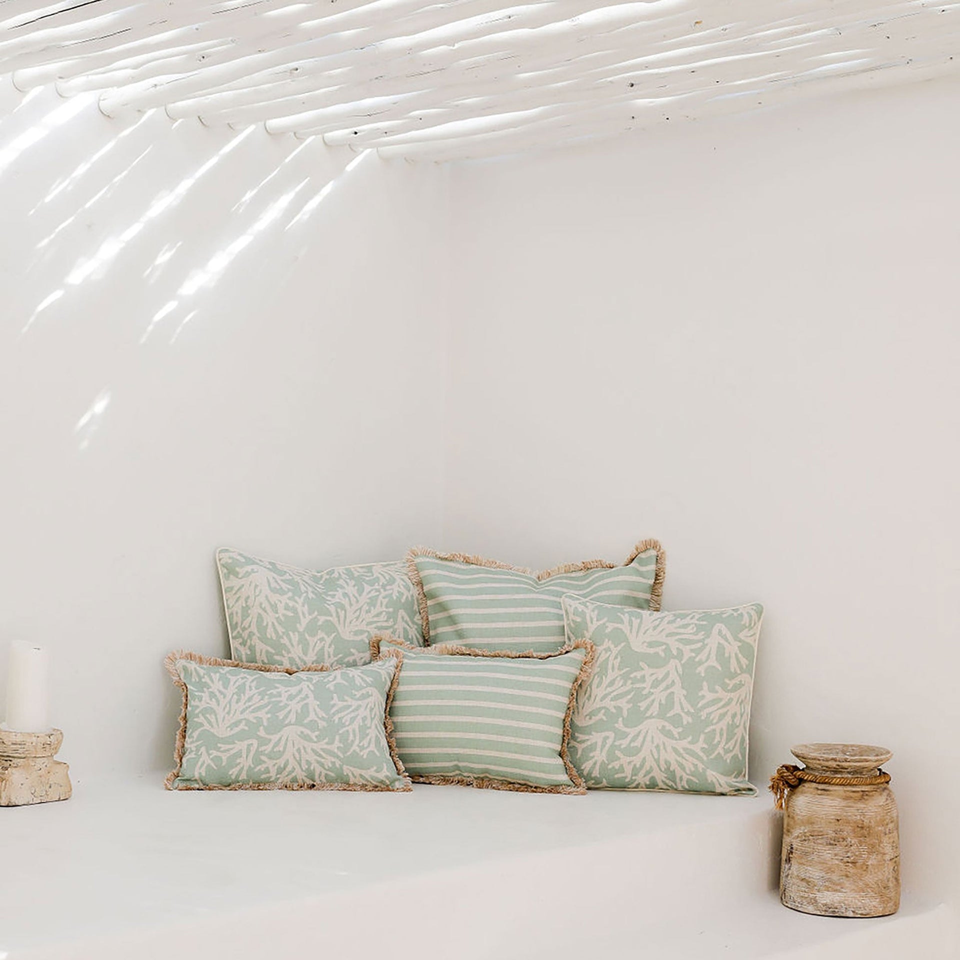 Eden Nest Seafoam Cushion Cover Coastal Fringe Stripe