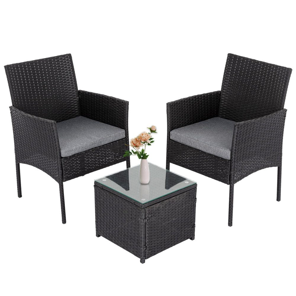 Eden Nest 3Pc Outdoor Table And Chairs Set Black Wicker
