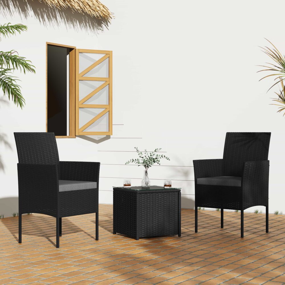 Eden Nest 3Pc Outdoor Table And Chairs Set Black Wicker