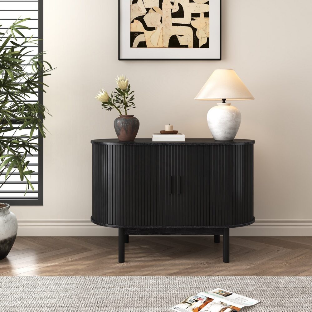 Eden Nest Mid Century Black Ribbed Sideboard Cabinet