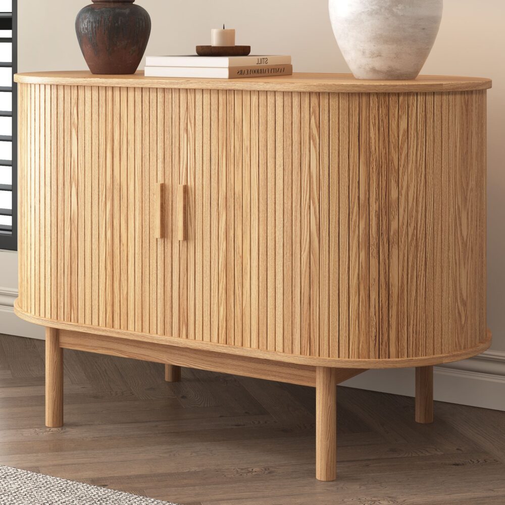 Eden Nest Natural Wood Ribbed Sideboard Cabinet Mid Century