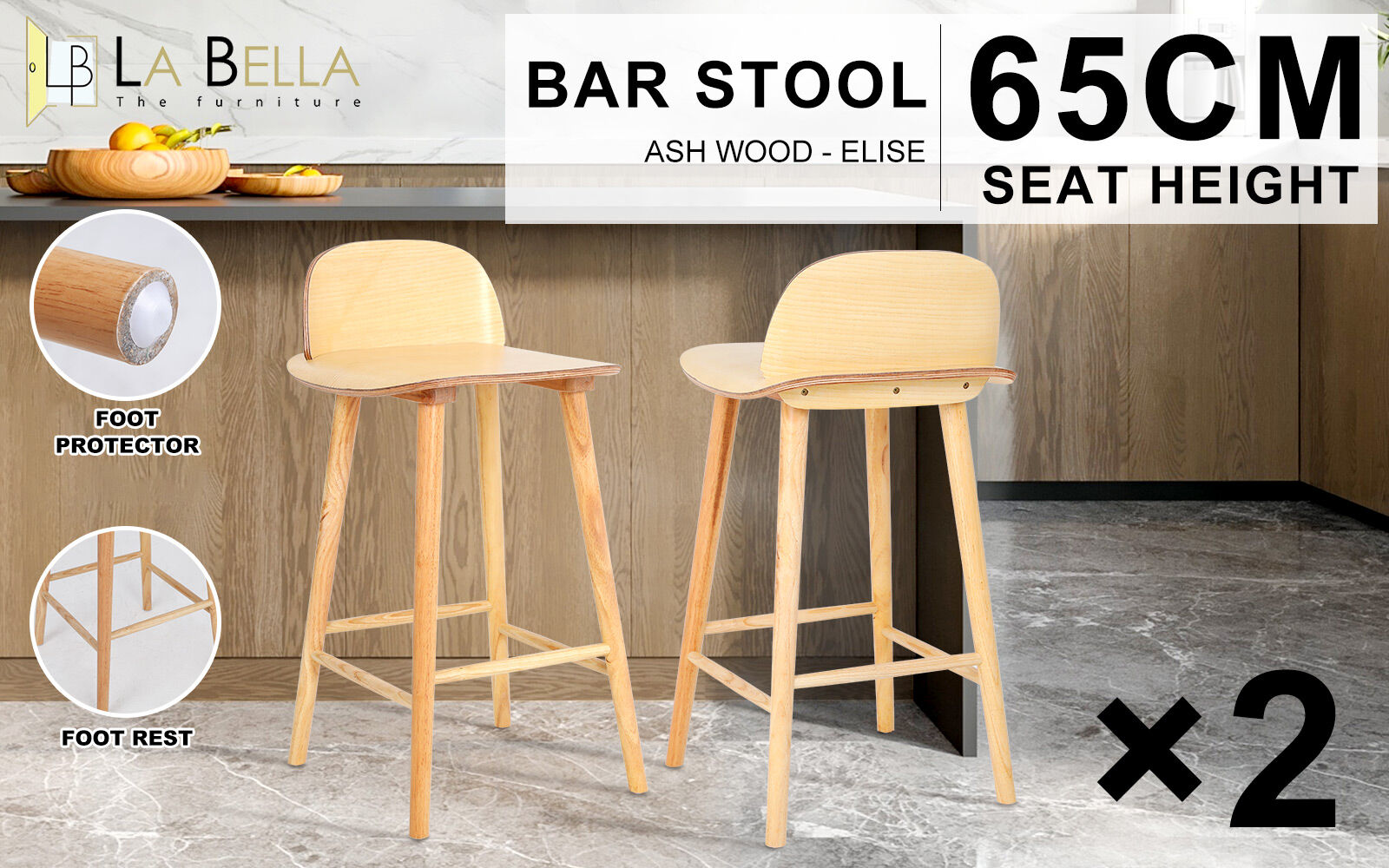 Eden Nest La Bella 2 Set Wooden Bar Stool 65 cm Ash Wood Natural Finish