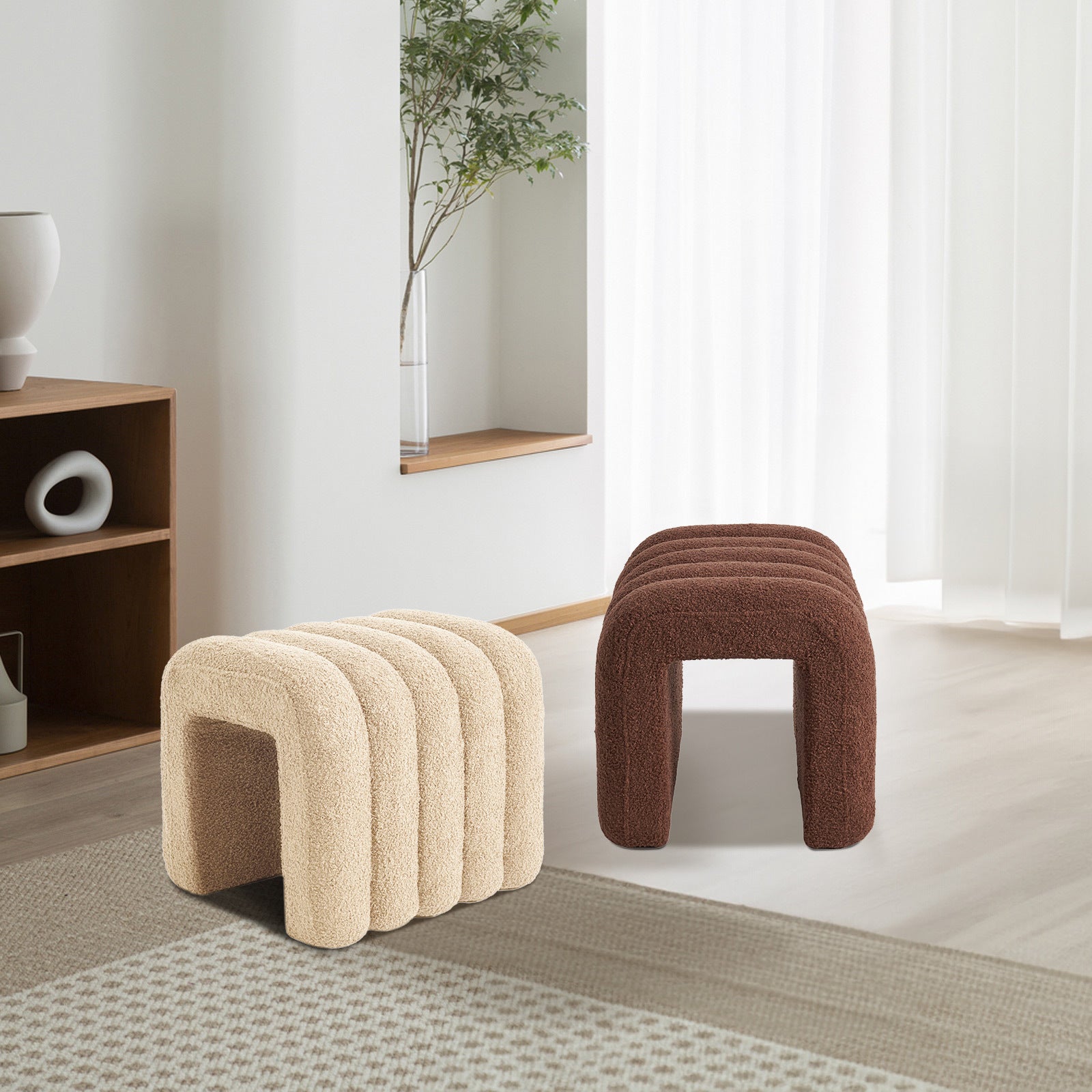 Eden Nest Ridge Arch Teddy Fleece Ottoman Stool Brown