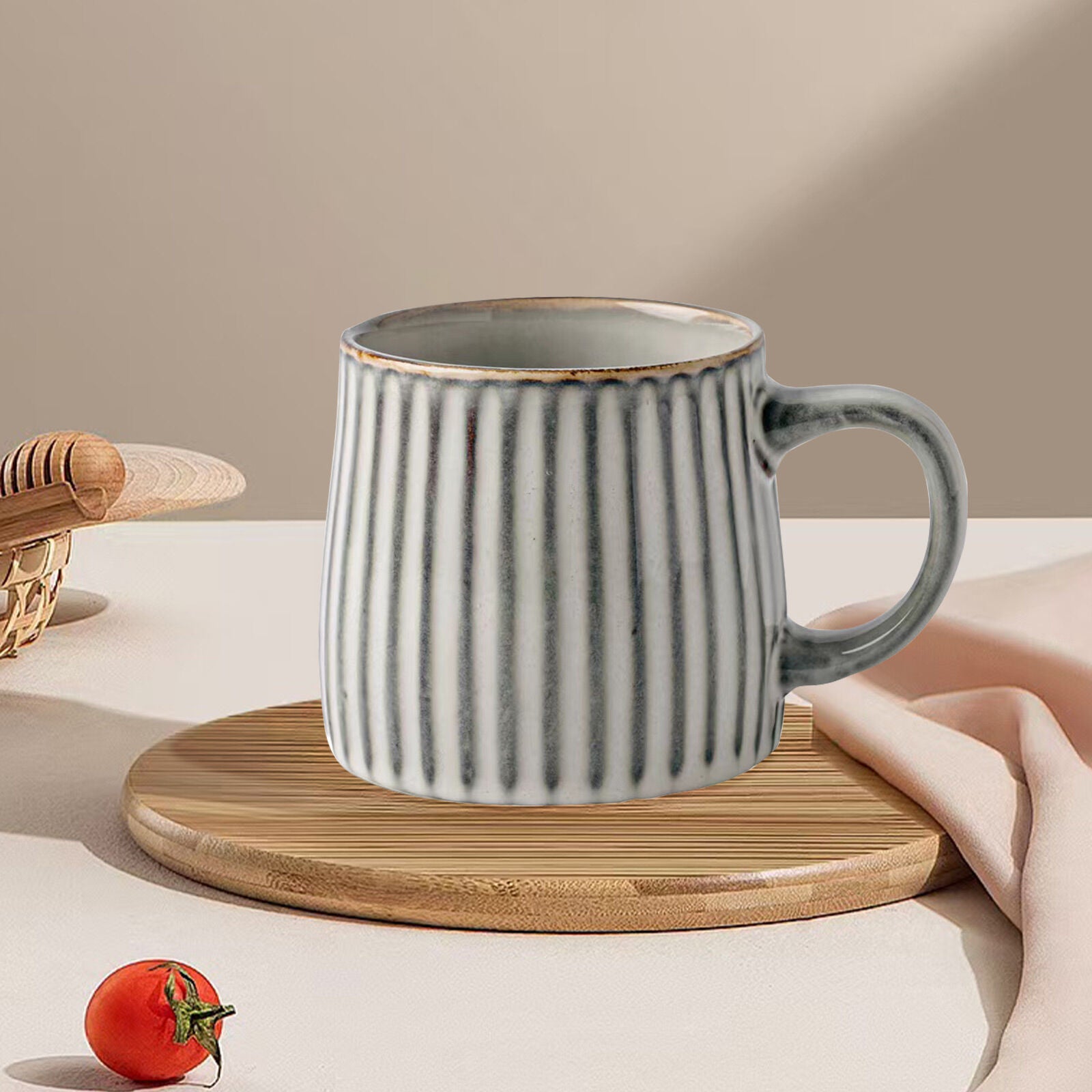 Eden Nest Earthy Grey Ribbed Stripe Stoneware Mug 460ml
