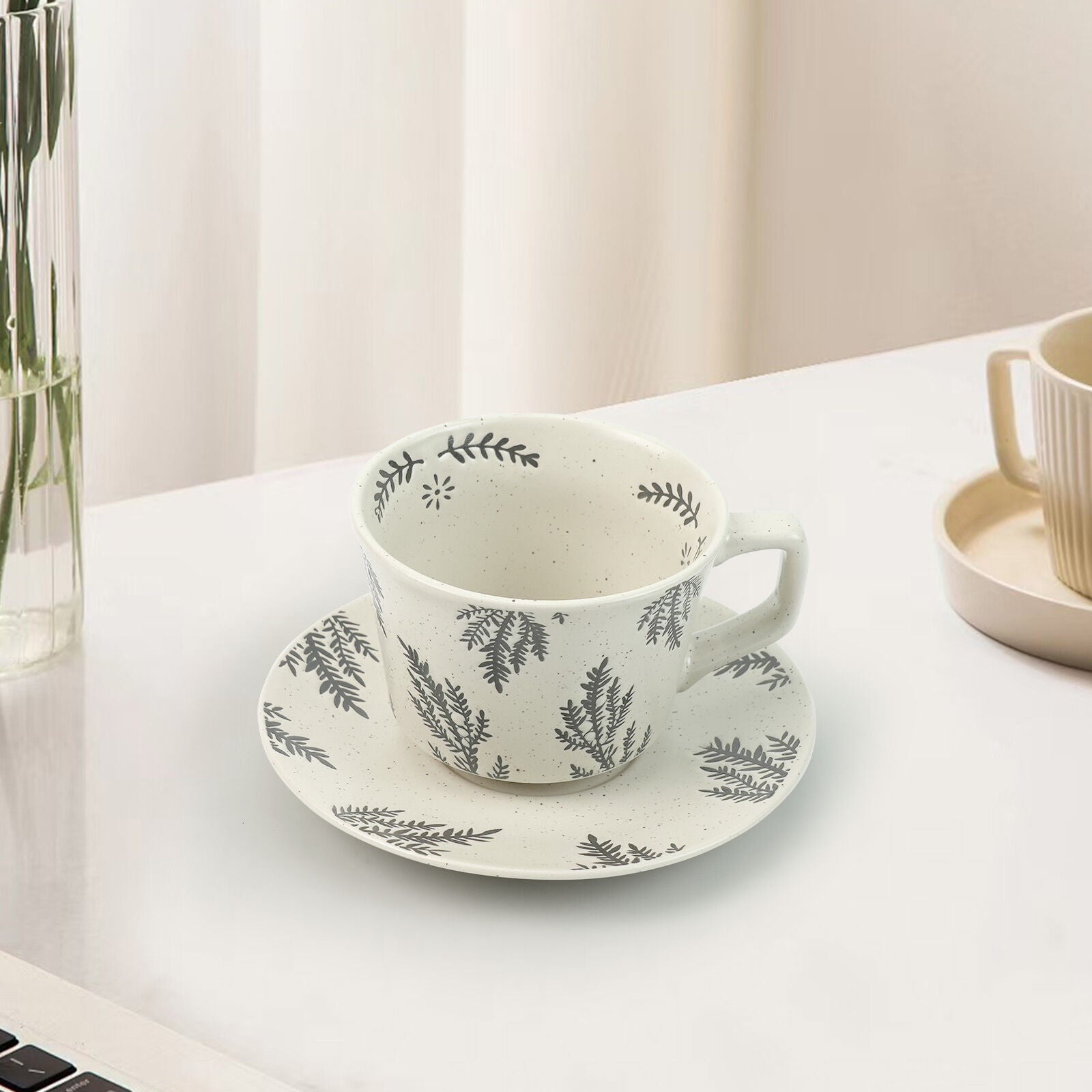 Eden Nest Speckled Cup And Saucer Set 380ml Floral Grey