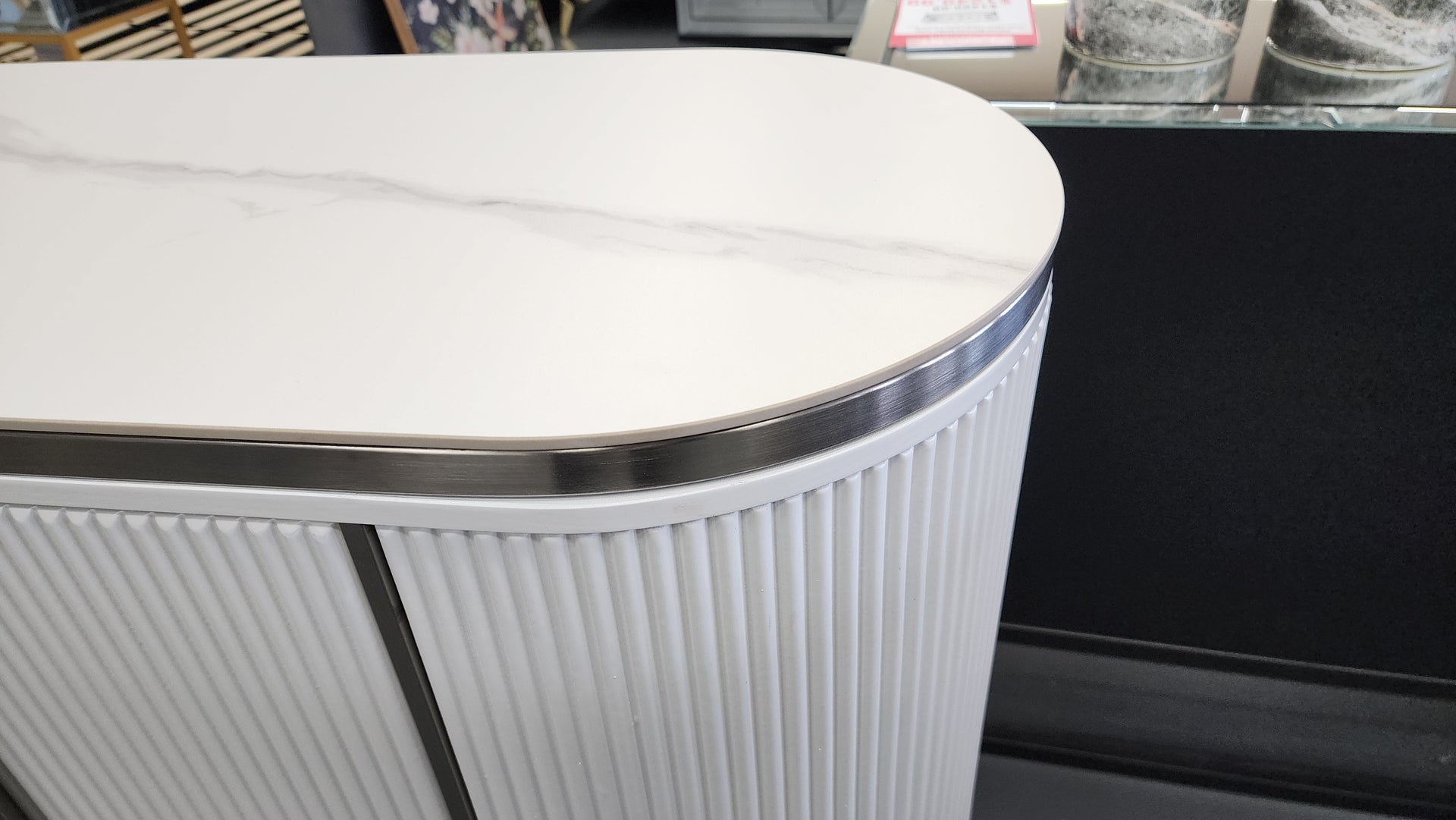 Eden Nest White Marble Sideboard Table With Silver Trim