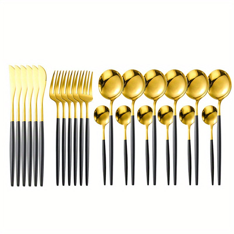 Eden Nest 24-Piece Deluxe Cutlery Set – Matte Black with Gold Accents