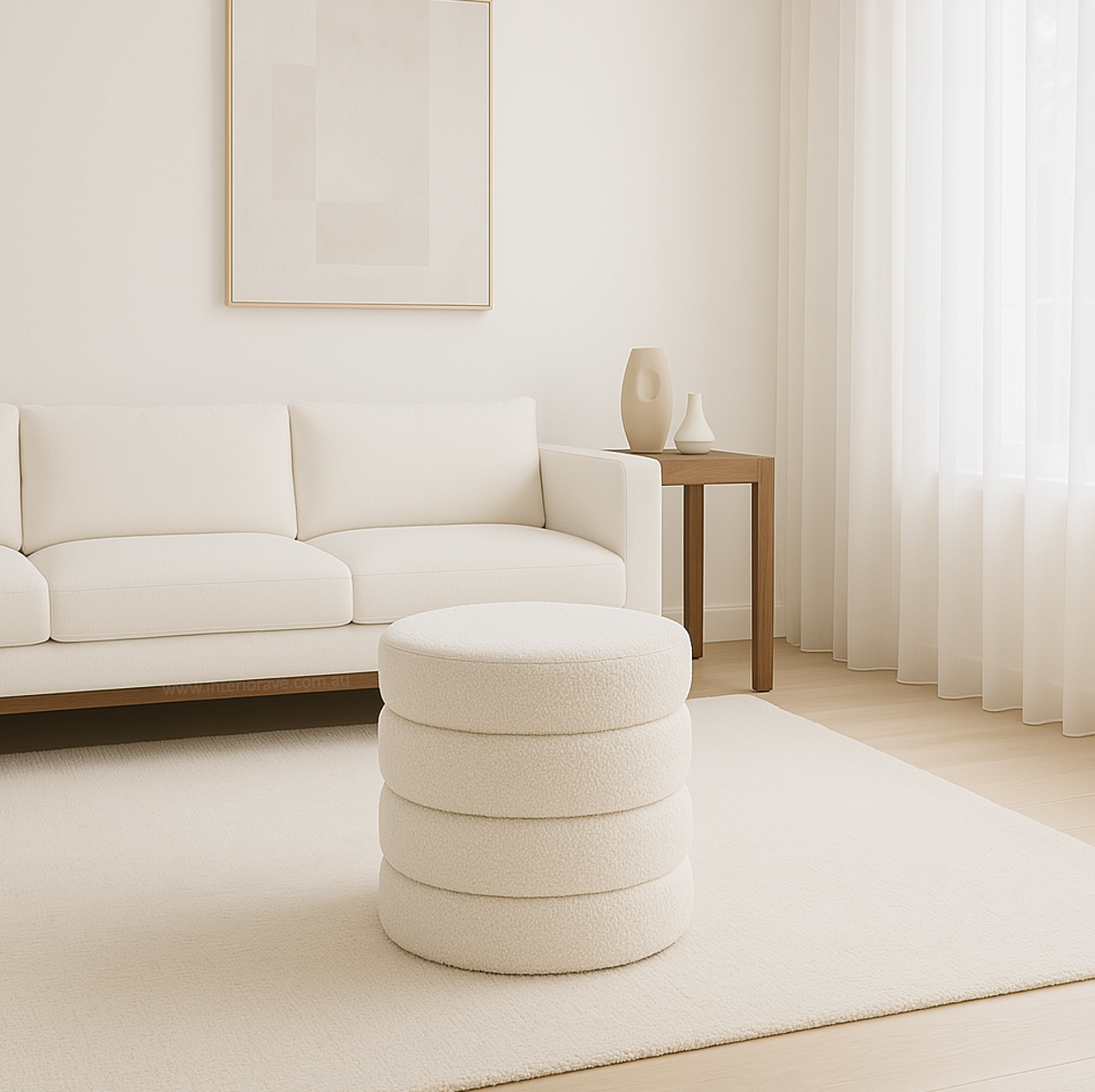 Eden Nest Cleo White Boucle Ottoman Modern Plush Seat