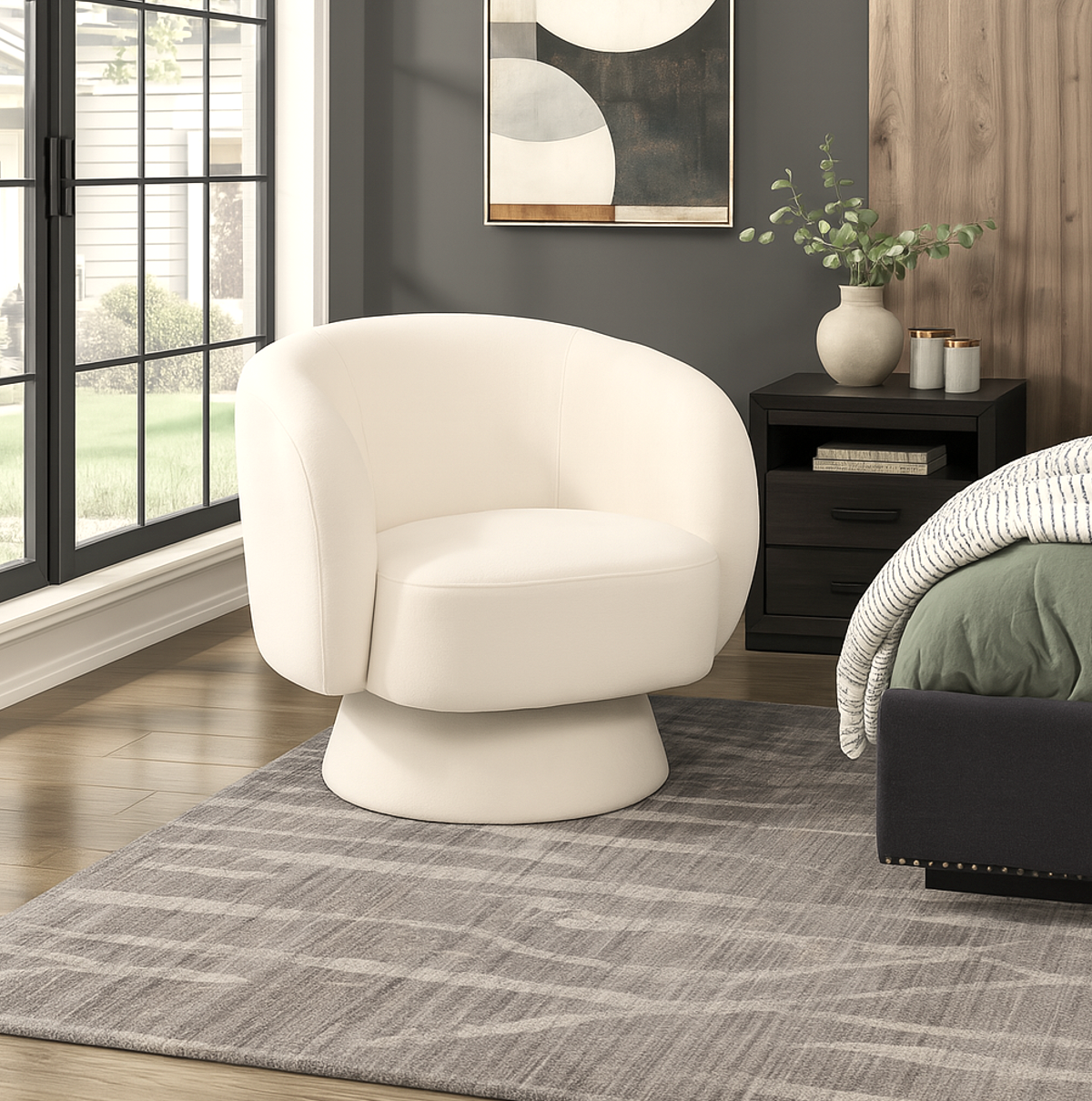 Eden Nest Celine Swivel Chair Chenille Pearl White