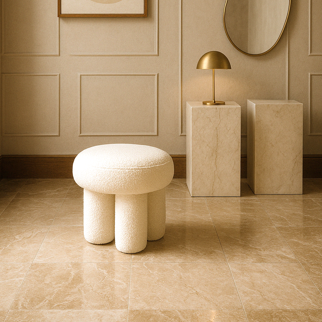 Eden Nest Boucle Ottoman White With Sculptural Base Artful