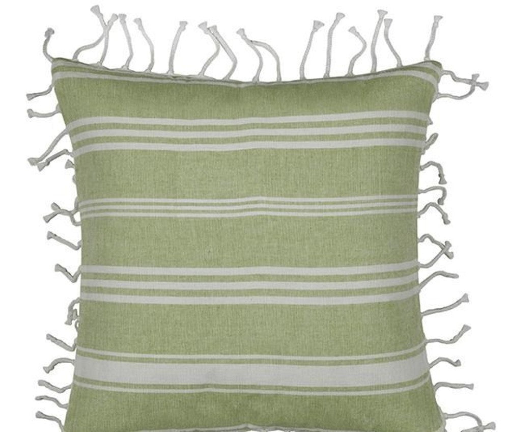 Green and White Striped Cushion Cover With Knotted Edge