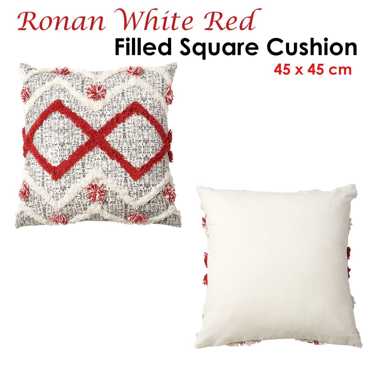 Eden Nest Ronan White Red Textured Applique Cushion 45x45