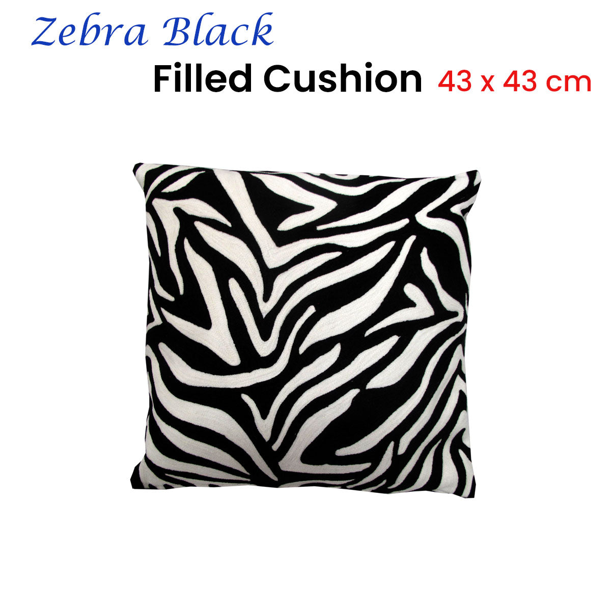 Eden Nest Zebra Embroidered Black Filled Cushion 43 x 43 cm