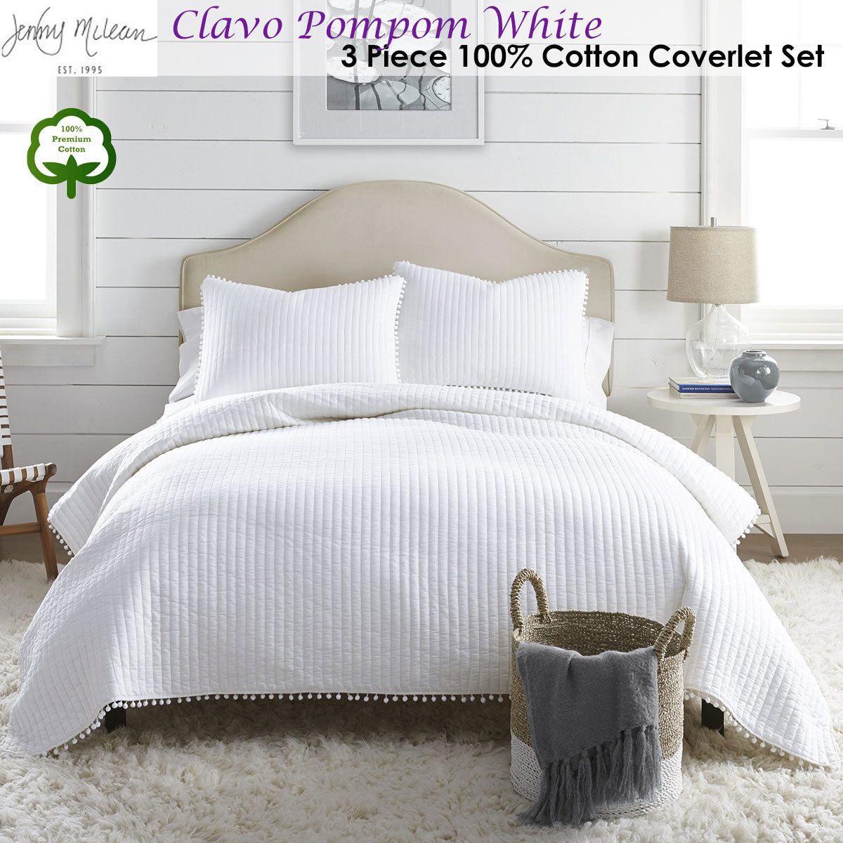 Eden Nest Clavo Pompom White Cotton Coverlet Set King