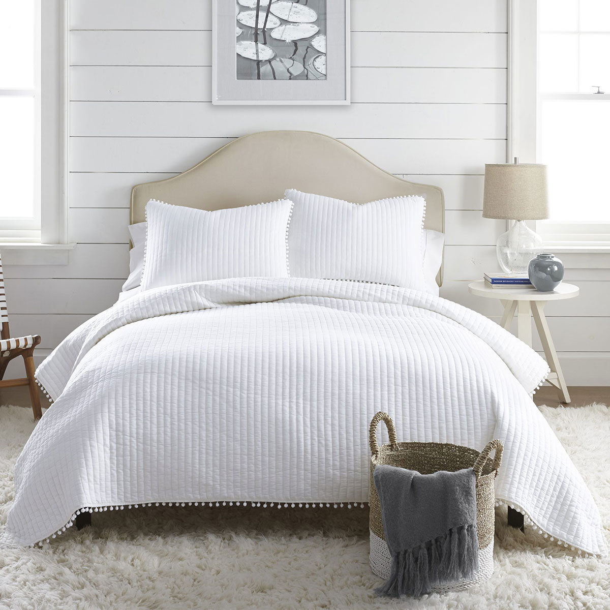 Eden Nest Clavo Pom Pom White Cotton Coverlet Set Queen