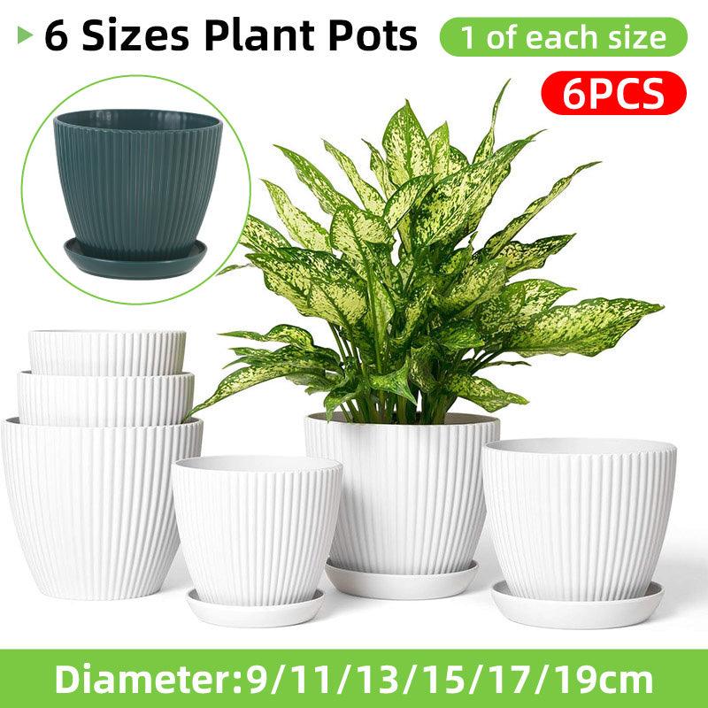 Eden Nest Green White Striped Round Plant Pots With Saucers