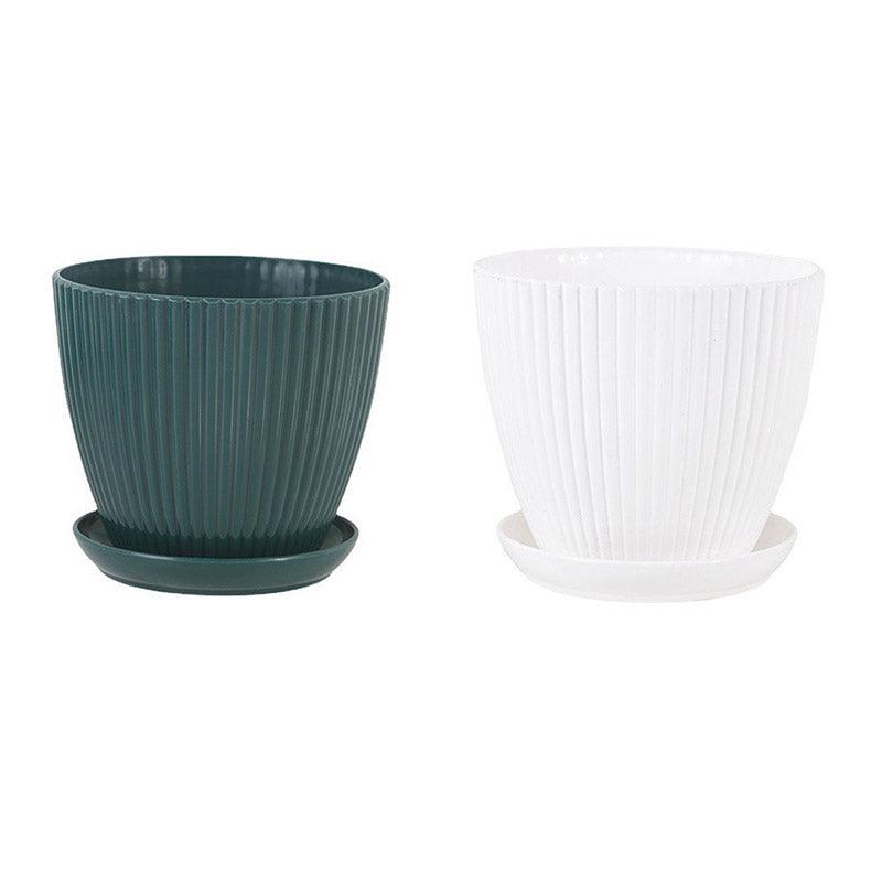 Eden Nest Green White Striped Round Plant Pots With Saucers