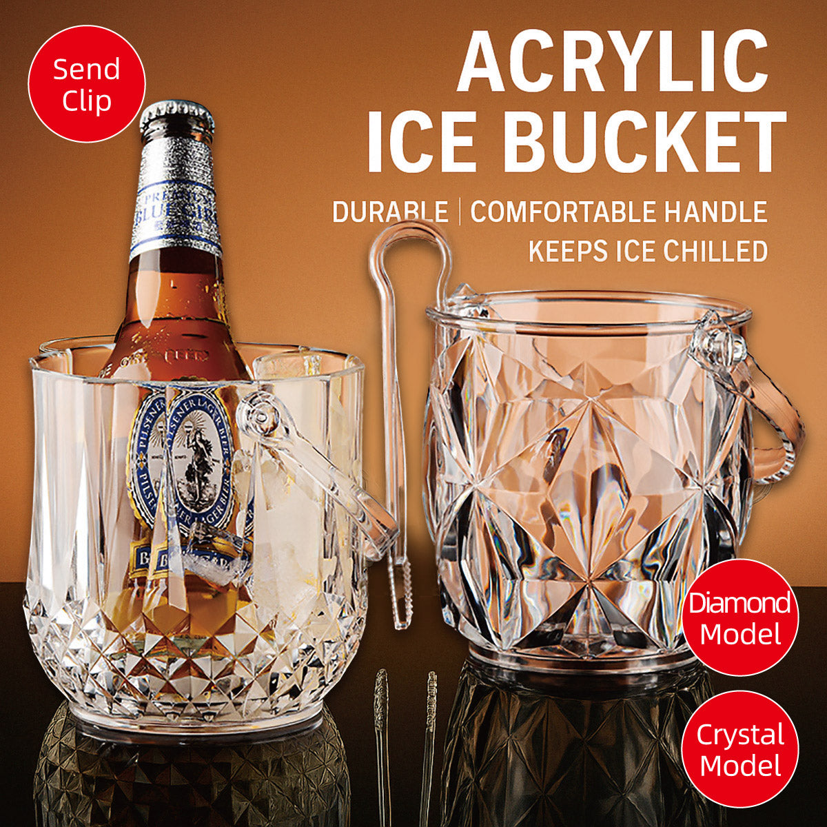 Eden Nest Acrylic Ice Bucket - Crystal or Diamond Design with Handle and Clip