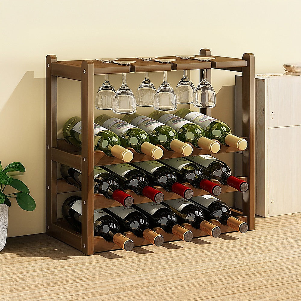 Eden Nest Bamboo Standing Wine Rack 15 Bottles 6 Glasses
