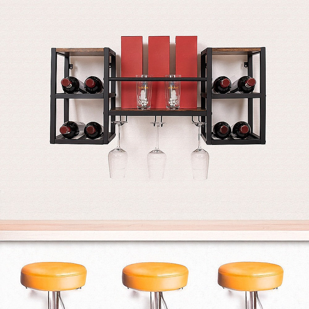 Wall Mounted Wine Rack With Glass Holder 16 Bottle Storage