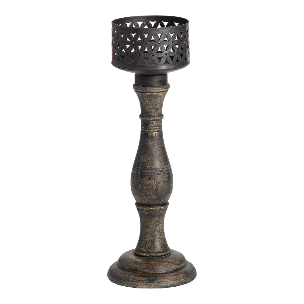 Ornate Baroque Pillar Candle Holder 35 cm Iron Mango Wood