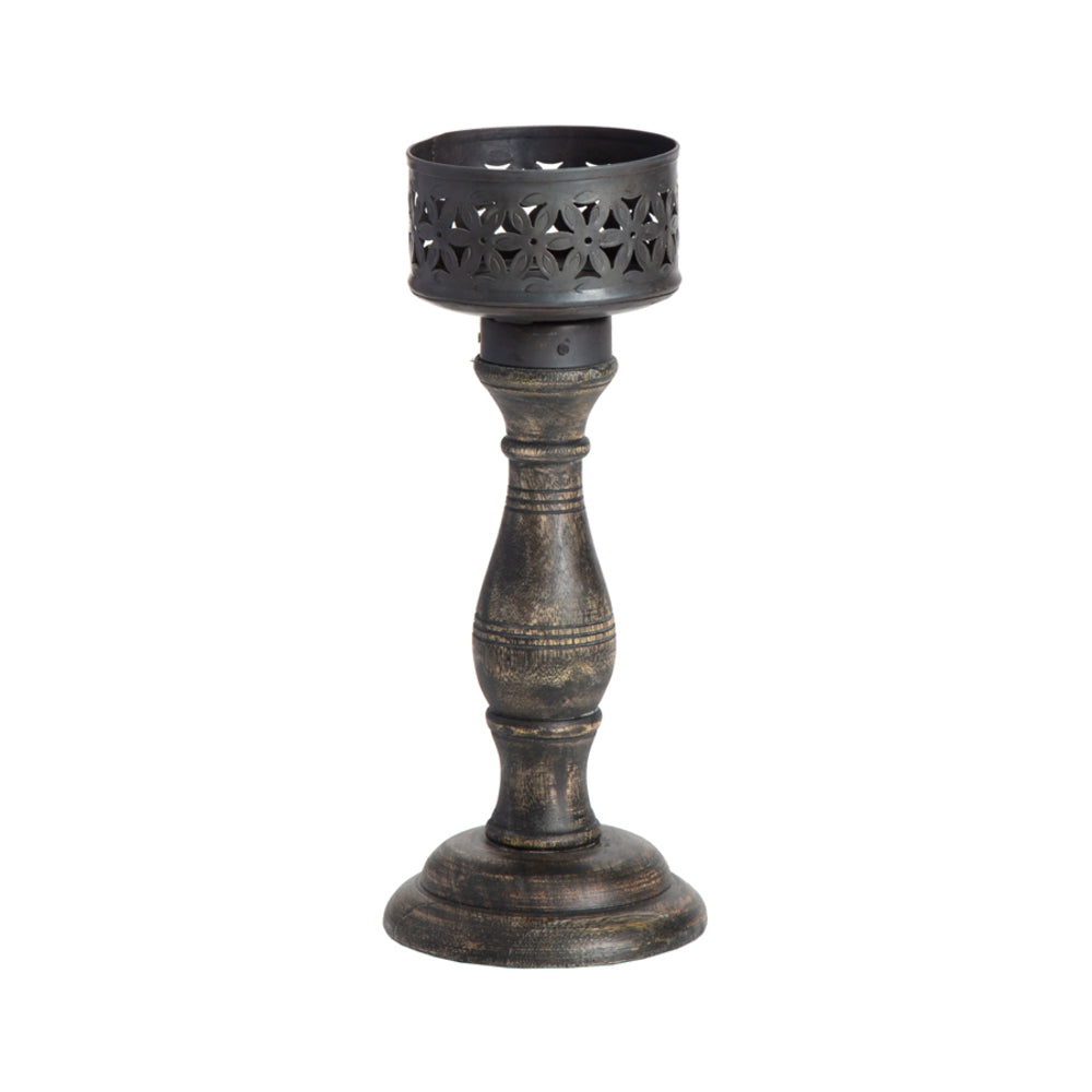 Ornate Baroque Pillar Candle Holder 26cm Distressed Iron