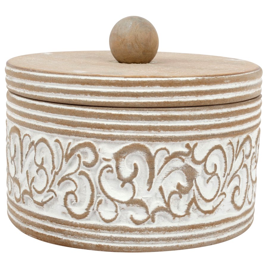 Round Carved White Trinket Box With Lid For Decor 17x14cm