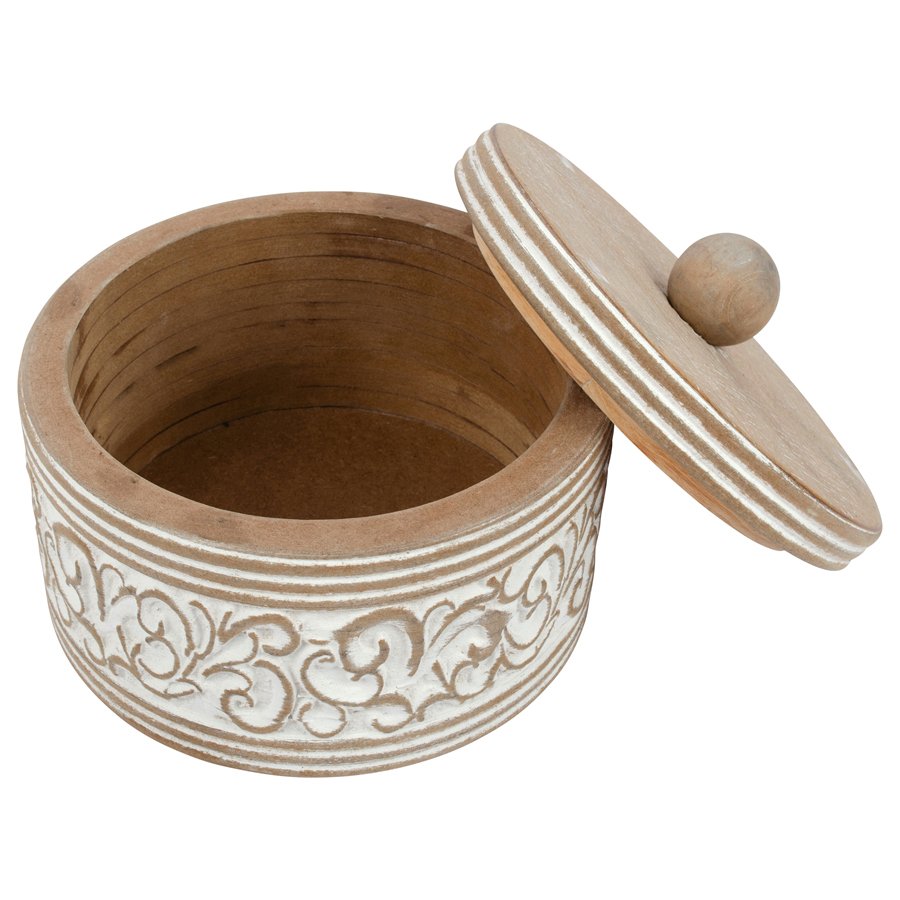 Round Carved White Trinket Box With Lid For Decor 17x14cm