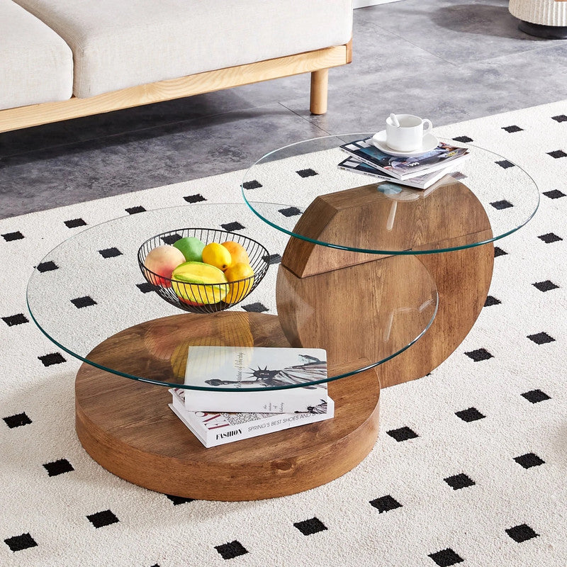 Eden Nest Double Layer Glass Coffee Table With Dark Wood