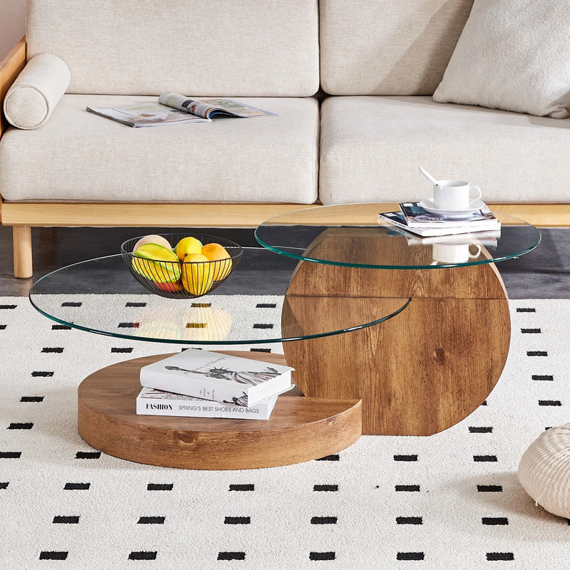 Eden Nest Double Layer Glass Coffee Table With Dark Wood